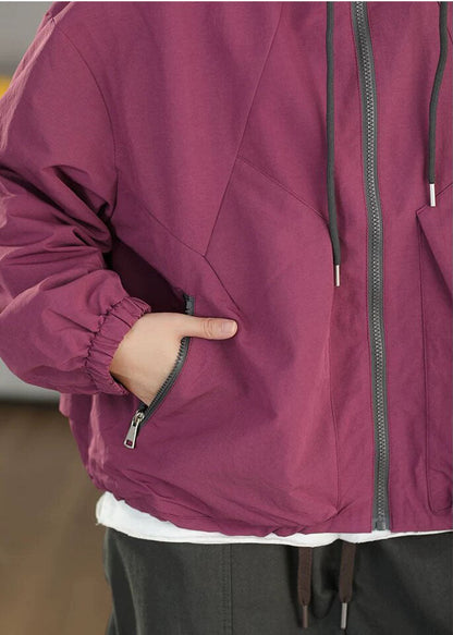 Purple Oversized Spandex Coat Hooded Drawstring Fall