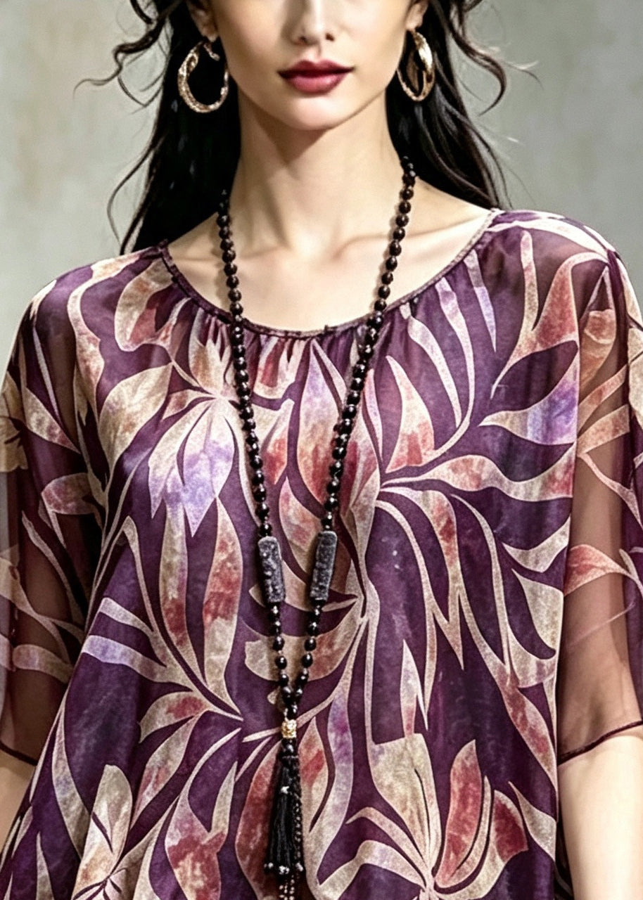 Purple Patchwork Chiffon Top Asymmetrical Print Summer