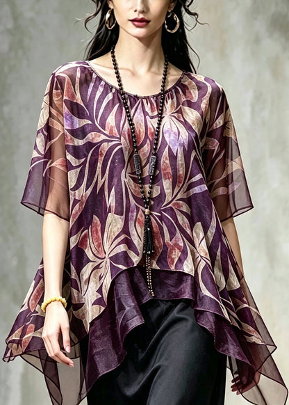 Purple Patchwork Chiffon Top Asymmetrical Print Summer