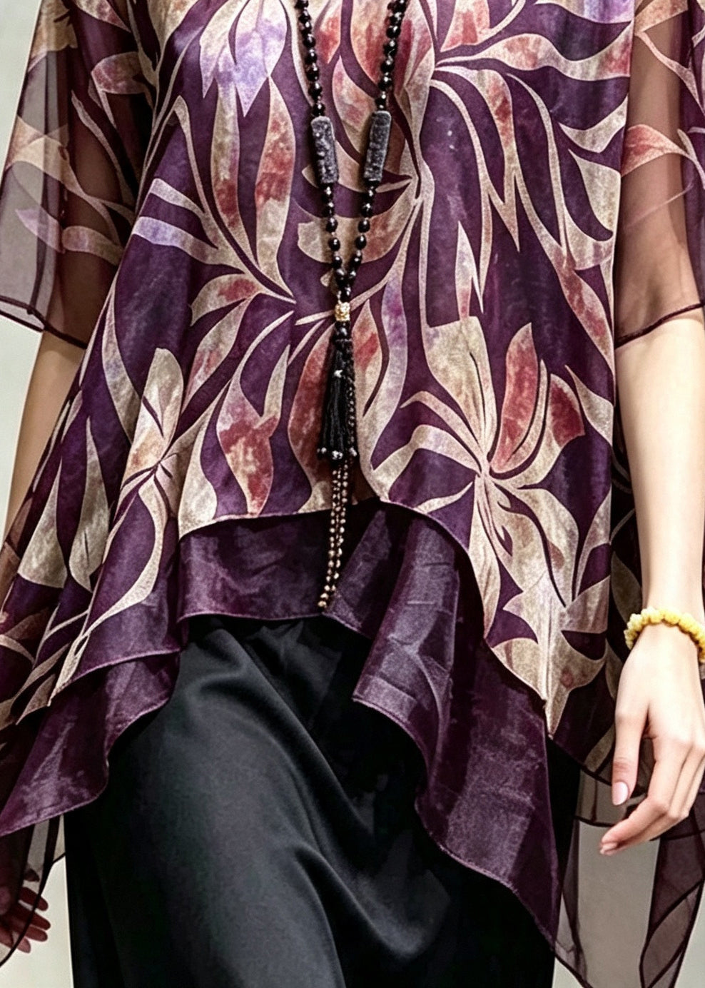 Purple Patchwork Chiffon Top Asymmetrical Print Summer