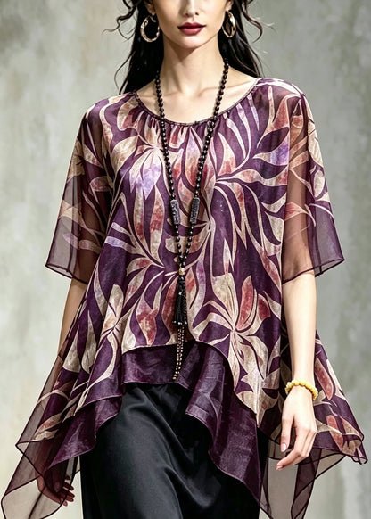 Purple Patchwork Chiffon Top Asymmetrical Print Summer