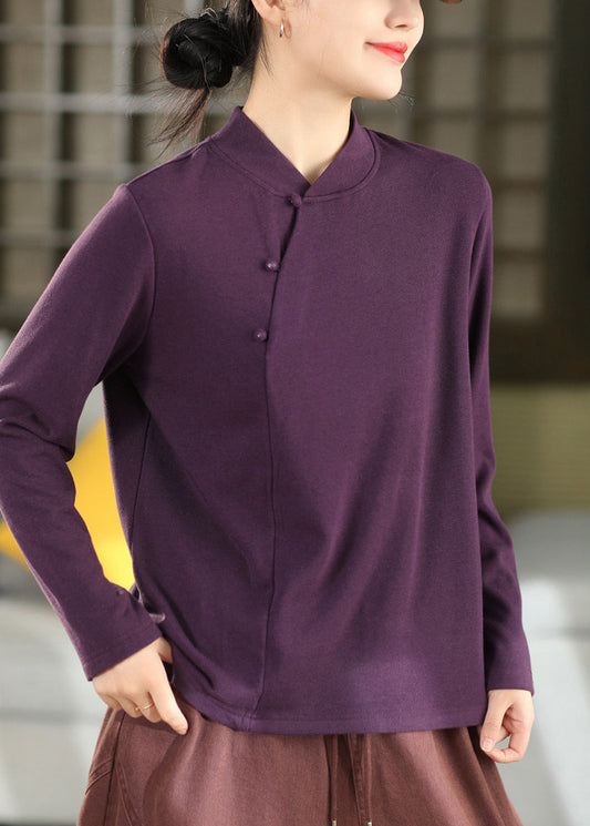 Purple Patchwork Cotton Warm Fleece Top Ruffled Fall