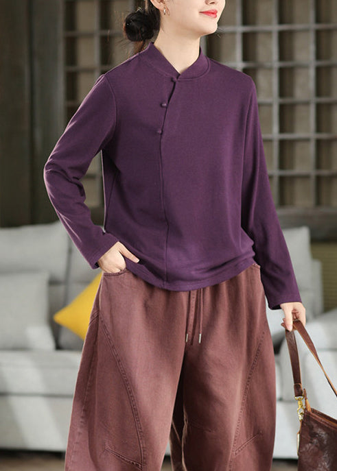 Purple Patchwork Cotton Warm Fleece Top Ruffled Fall