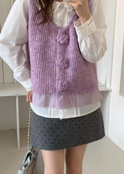 Purple Patchwork Knit Vests V Neck Floral Decorated Spring