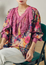 Load image into Gallery viewer, Purple Patchwork Lace Chiffon Shirt Tops V Neck Spring