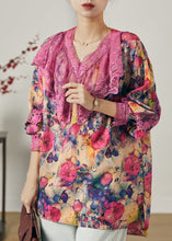 Load image into Gallery viewer, Purple Patchwork Lace Chiffon Shirt Tops V Neck Spring