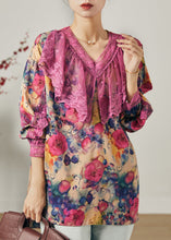 Load image into Gallery viewer, Purple Patchwork Lace Chiffon Shirt Tops V Neck Spring