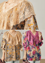 Load image into Gallery viewer, Purple Patchwork Lace Chiffon Shirt Tops V Neck Spring