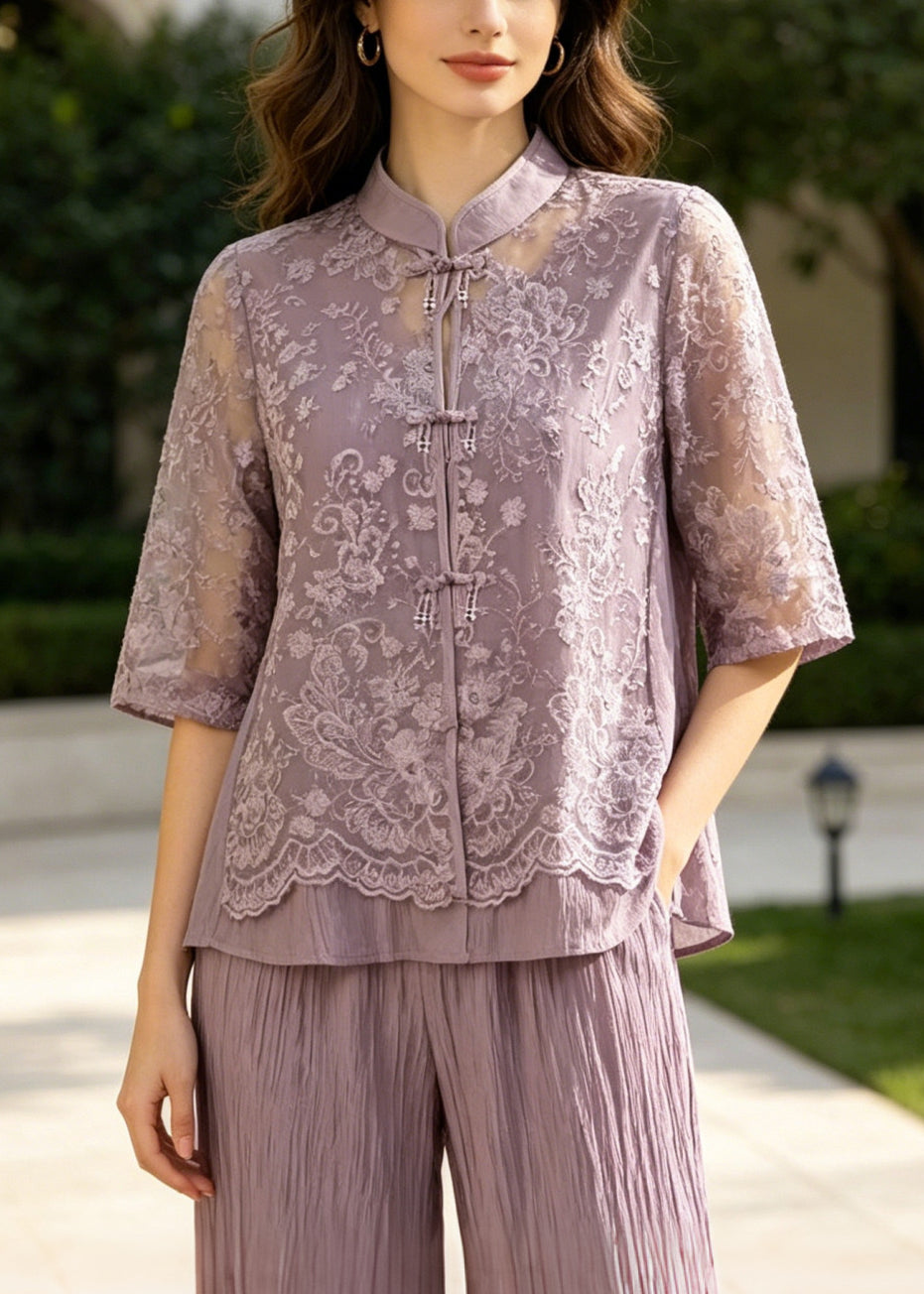 Purple Patchwork Lace Women Sets 2 Pieces Mandarin Collar Summer