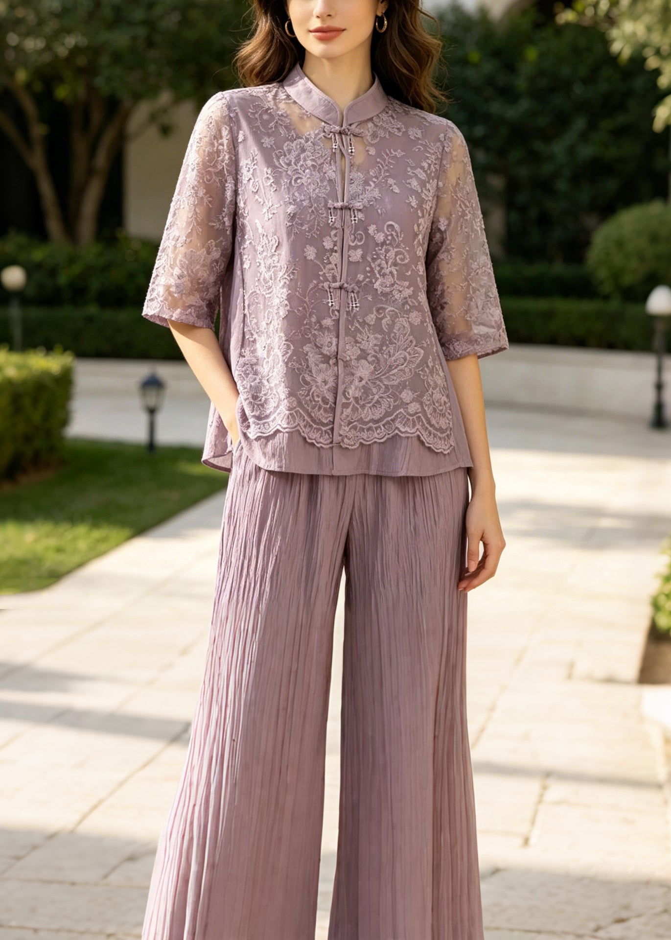 Purple Patchwork Lace Women Sets 2 Pieces Mandarin Collar Summer