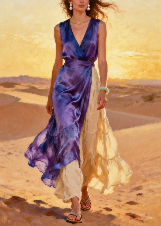 Purple Patchwork Linen Chiffon Holiday Dresses Asymmetrical Exra Large Hem Summer