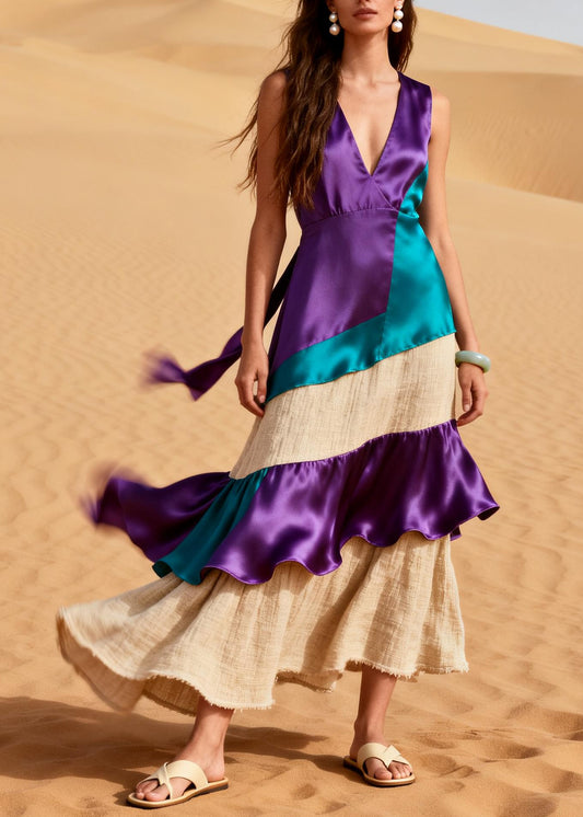 Purple Patchwork Linen Silk Dresses Asymmetrical Design Ruffles Summer