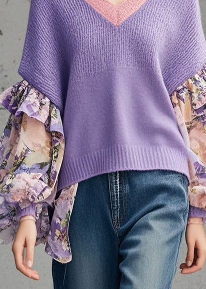 Purple Patchwork Print Knit Tops Ruffled Lantern Sleeve