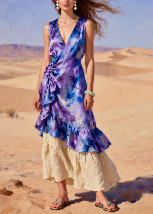 Purple Patchwork Silk Long Dresses Tie Dye Wrinkled Summer