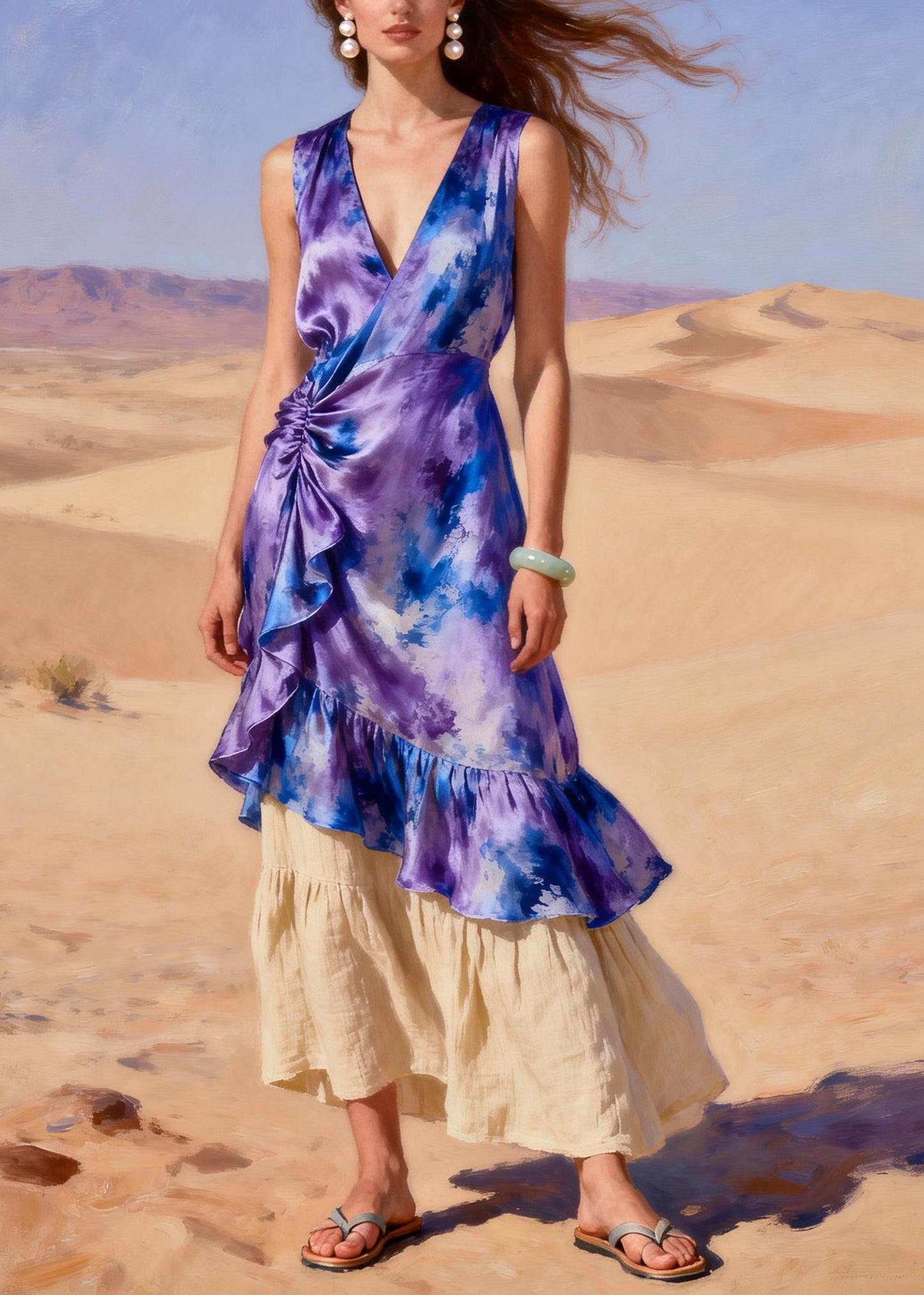 Purple Patchwork Silk Long Dresses Tie Dye Wrinkled Summer