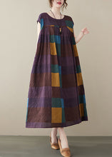Load image into Gallery viewer, Purple Plaid Pockets Cotton Long Dress O Neck Summer