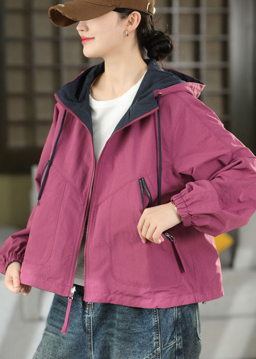 Purple Pockets Cotton Coats Hooded Wear On Both Sides Fall