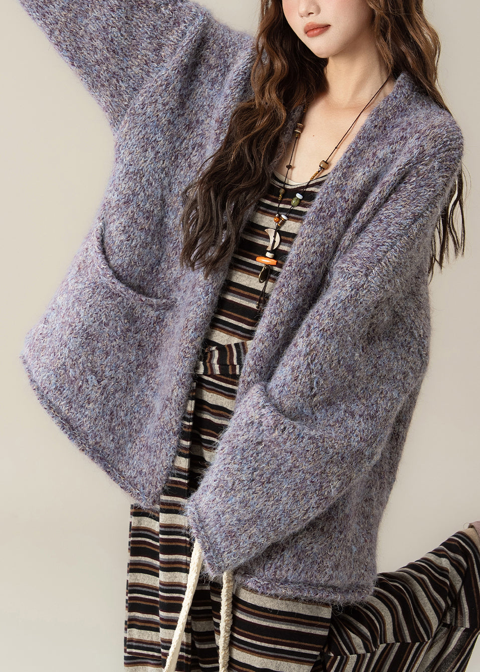 Purple Pockets Cozy Knit Loose Cardigans V Neck