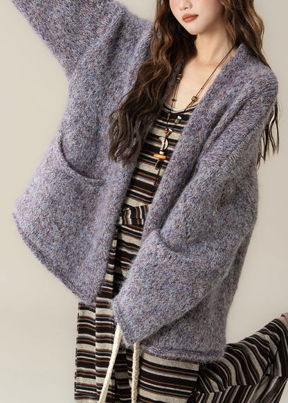 Purple Pockets Cozy Knit Loose Cardigans V Neck