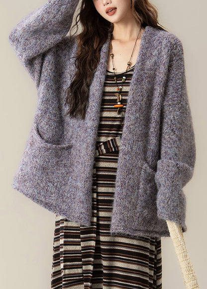 Purple Pockets Cozy Knit Loose Cardigans V Neck