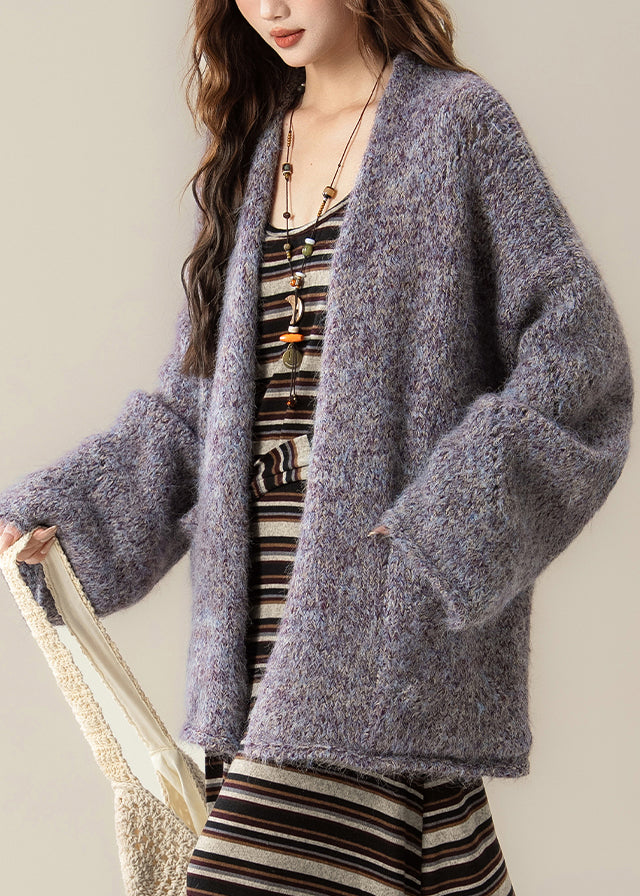 Purple Pockets Cozy Knit Loose Cardigans V Neck