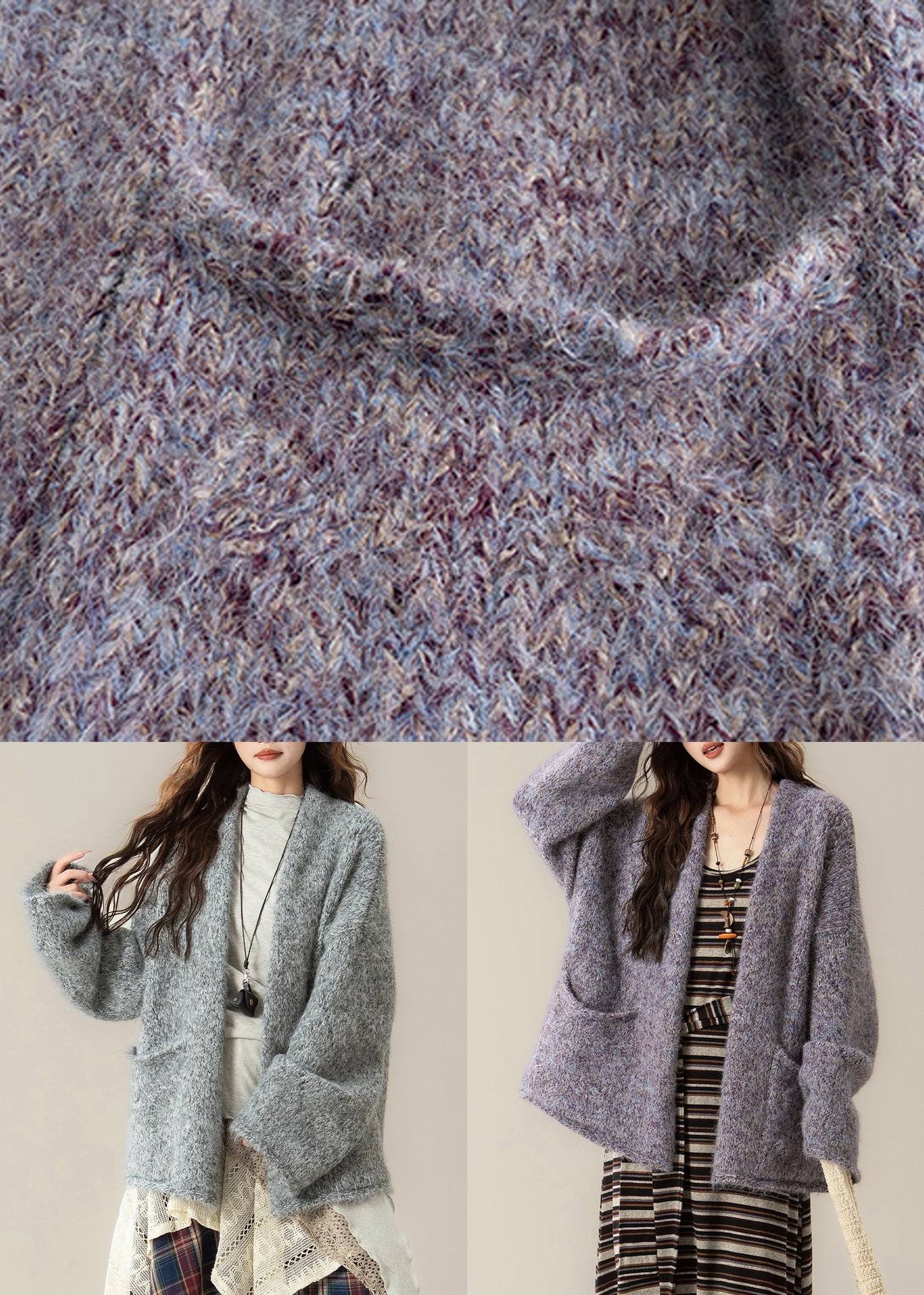 Purple Pockets Cozy Knit Loose Cardigans V Neck