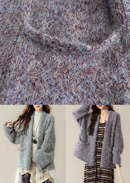 Purple Pockets Cozy Knit Loose Cardigans V Neck