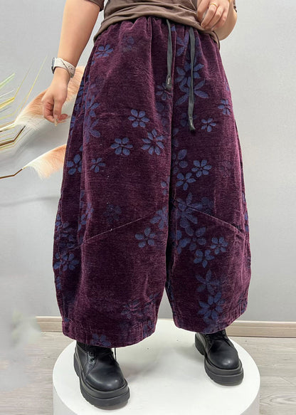 Purple Pockets Jacquard Denim Crop Pants Elastic Waist Fall