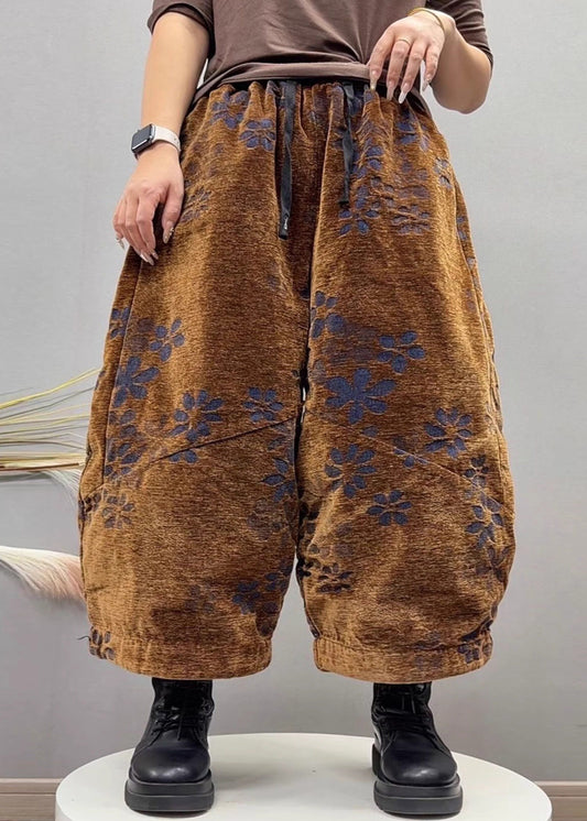 Purple Pockets Jacquard Denim Crop Pants Elastic Waist Fall