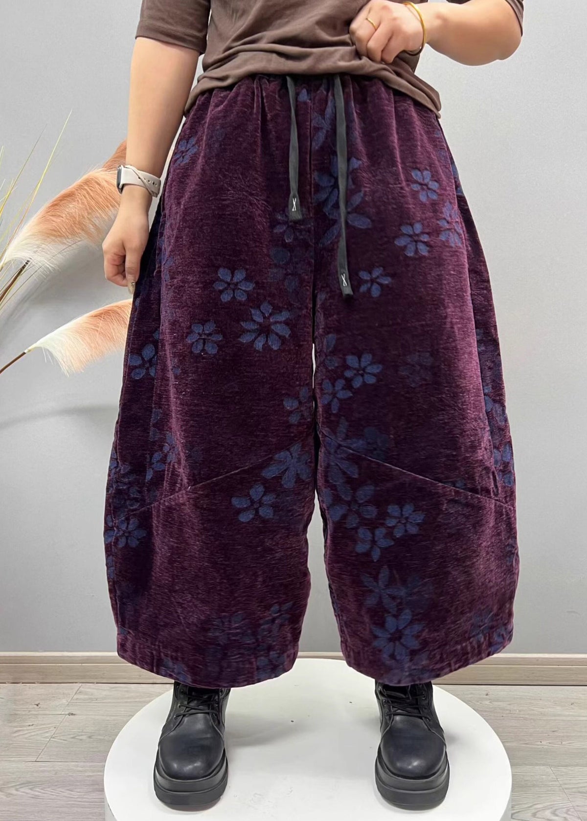 Purple Pockets Jacquard Denim Crop Pants Elastic Waist Fall