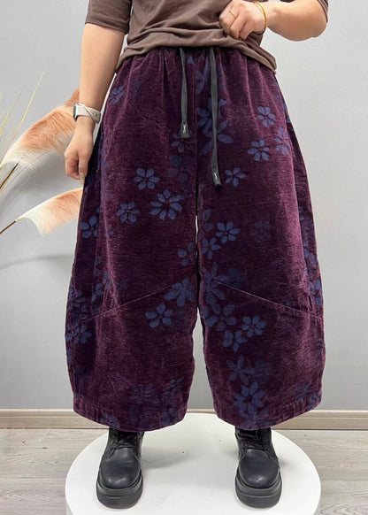 Purple Pockets Jacquard Denim Crop Pants Elastic Waist Fall