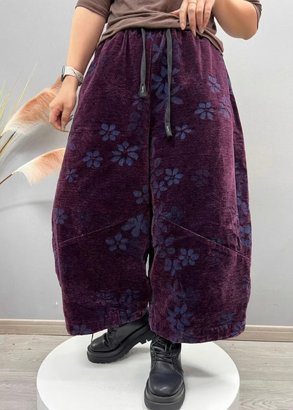 Purple Pockets Jacquard Denim Crop Pants Elastic Waist Fall