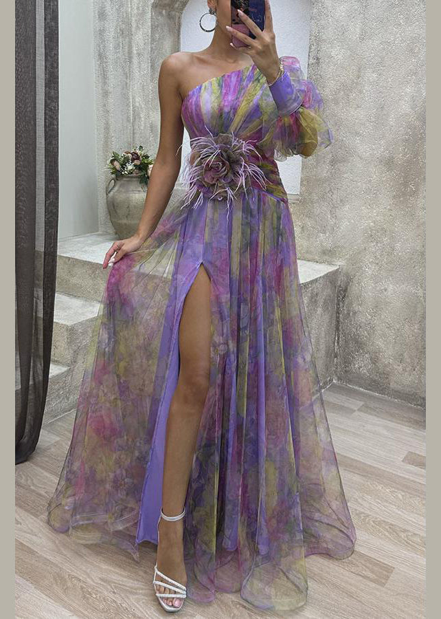 Purple Print Chiffon Dress One Shoulder Side Open Summer