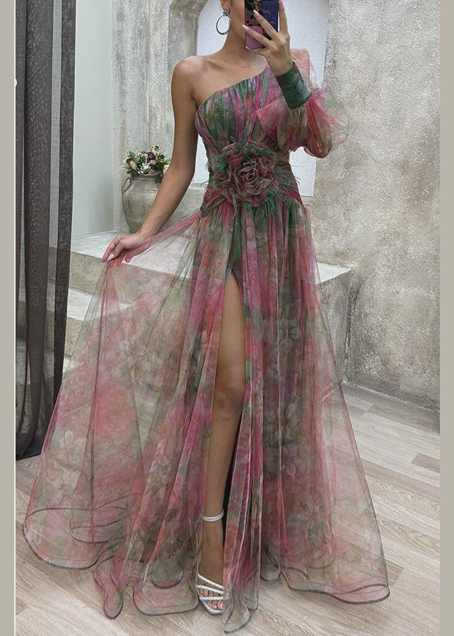 Purple Print Chiffon Dress One Shoulder Side Open Summer