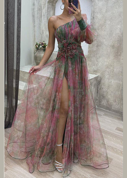 Purple Print Chiffon Dress One Shoulder Side Open Summer