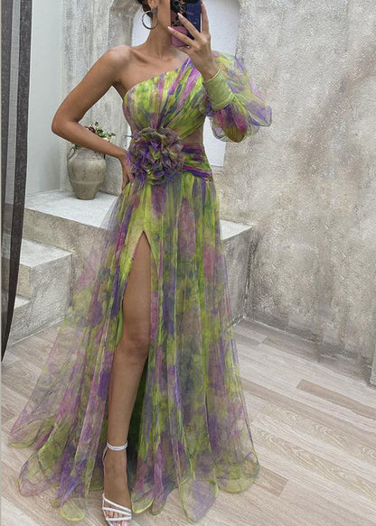 Purple Print Chiffon Dress One Shoulder Side Open Summer