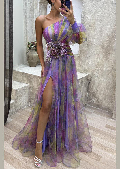 Purple Print Chiffon Dress One Shoulder Side Open Summer