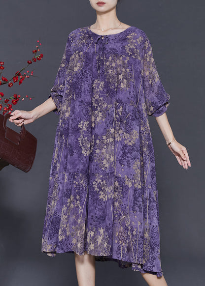 Purple Print Chiffon Maxi Dresses Oversized Spring