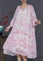 Purple Print Chiffon Vacation Dress Ruffled Spring