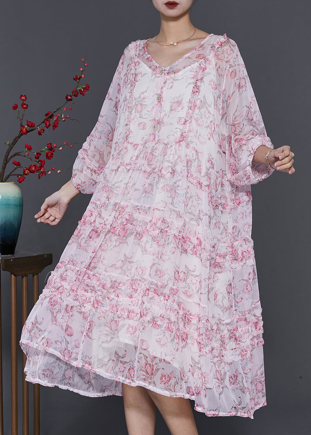 Purple Print Chiffon Vacation Dress Ruffled Spring