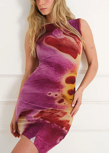 Purple Print High Waist Summer Dresses O Neck