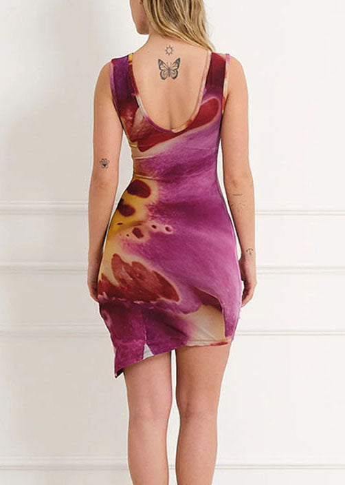 Purple Print High Waist Summer Dresses O Neck