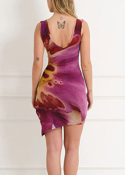 Purple Print High Waist Summer Dresses O Neck