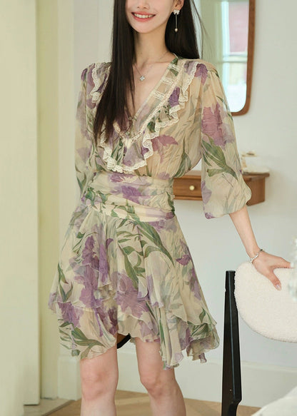 Purple Print Lace High Waist Chiffon Dresses Ruffled