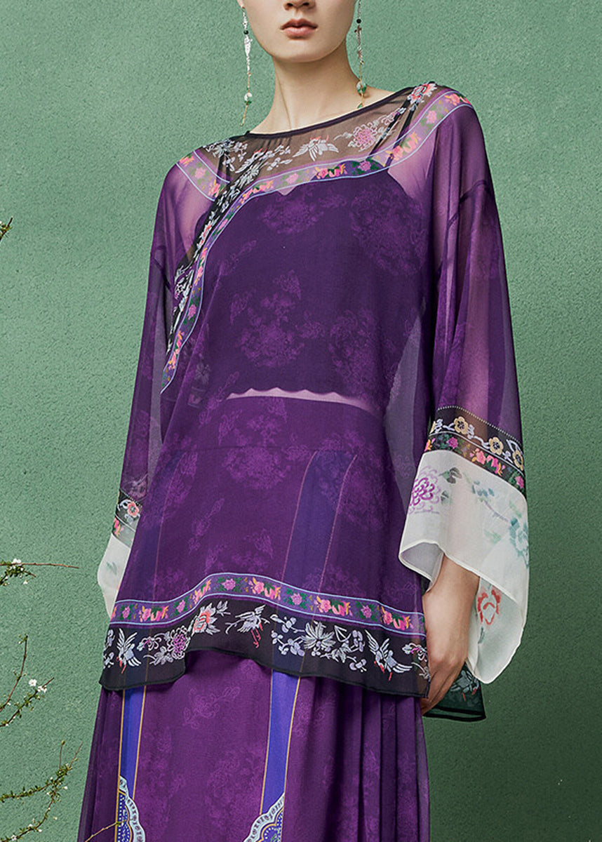 Purple Print O-Neck Sheer Shirts Top Long sleeve