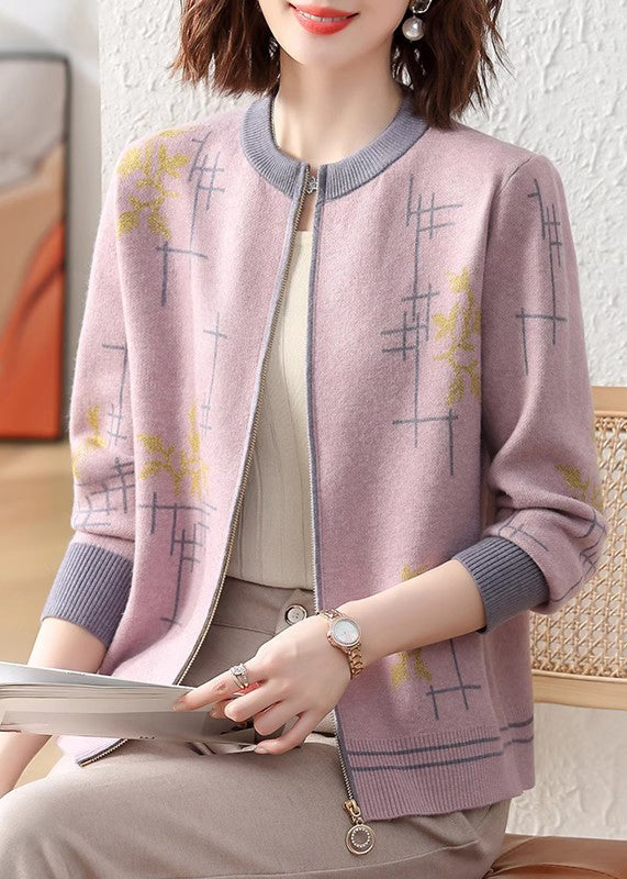 Purple Print Patchwork Knit Fall Coat O Neck