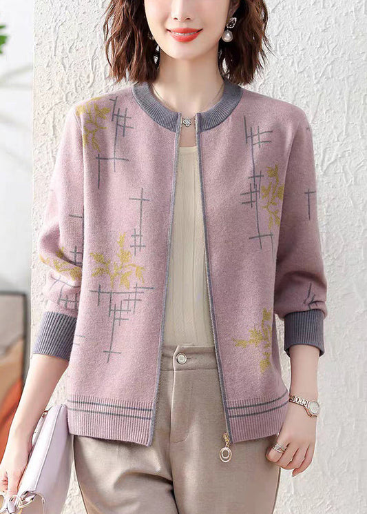 Purple Print Patchwork Knit Fall Coat O Neck