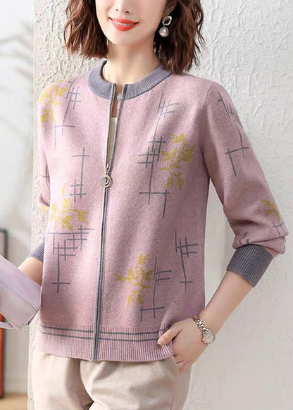 Purple Print Patchwork Knit Fall Coat O Neck