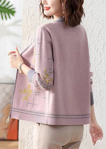 Purple Print Patchwork Knit Fall Coat O Neck