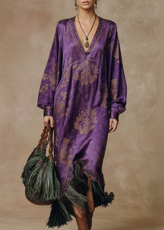 Purple Print Tasseled Patchwork Silk Long Dress O Neck Spring